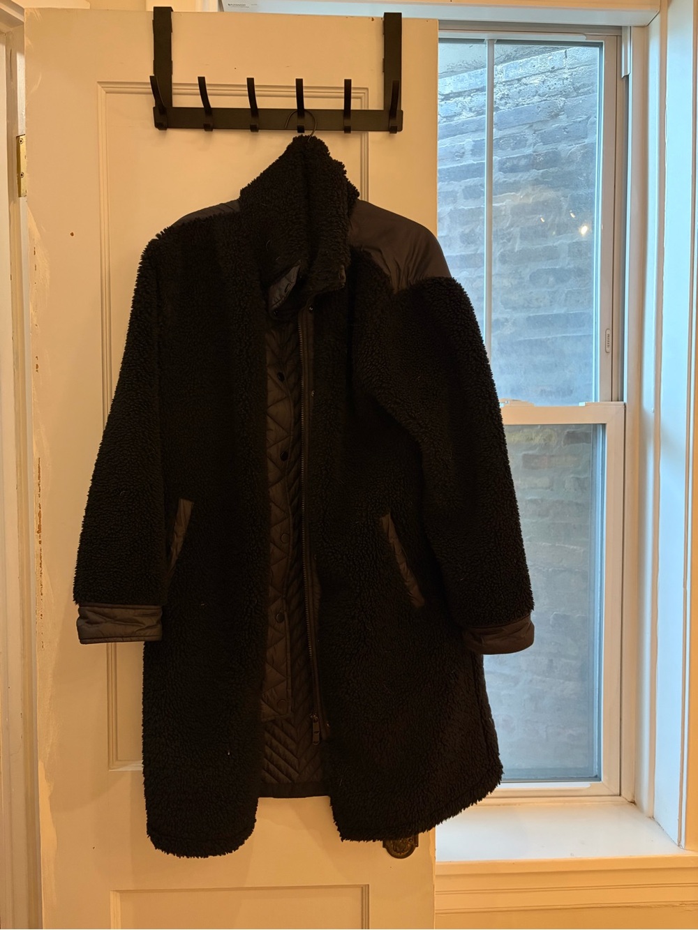 Athleta Black Sherpa Coat with Quilted Trim
